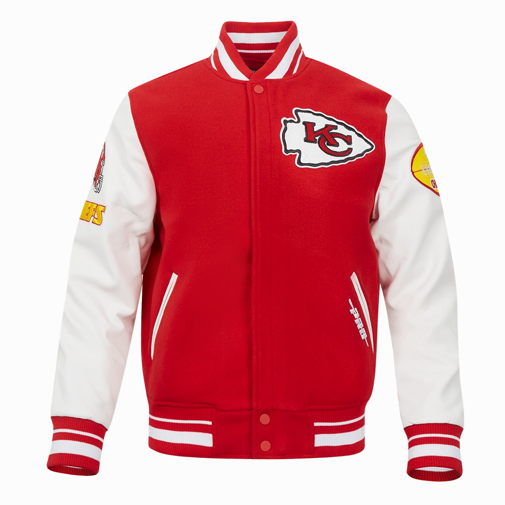 NFL KANSAS CITY CHIEFS OLD ENGLISH MEN'S RIB WOOL VARSITY JACKET (RED/WHITE)