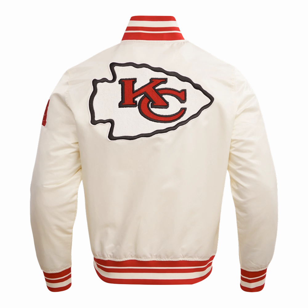 NFL KANSAS CITY CHIEFS RETRO CLASSIC MEN'S RIB SATIN JACKET (EGGSHELL/ RED)