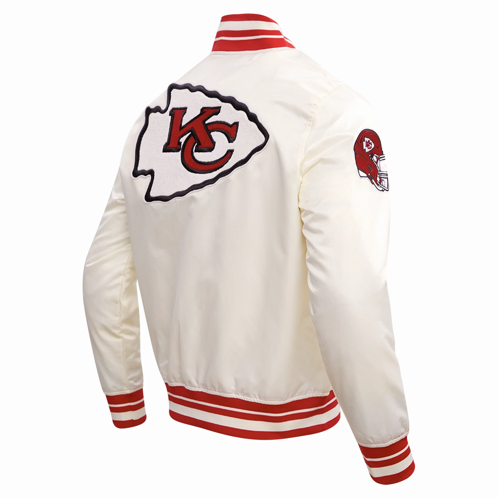 NFL KANSAS CITY CHIEFS RETRO CLASSIC MEN'S RIB SATIN JACKET (EGGSHELL/ RED)