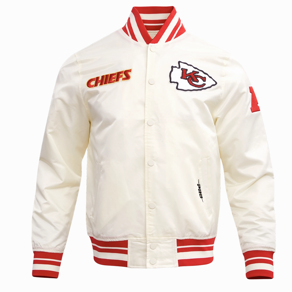 NFL KANSAS CITY CHIEFS RETRO CLASSIC MEN'S RIB SATIN JACKET (EGGSHELL/ RED)
