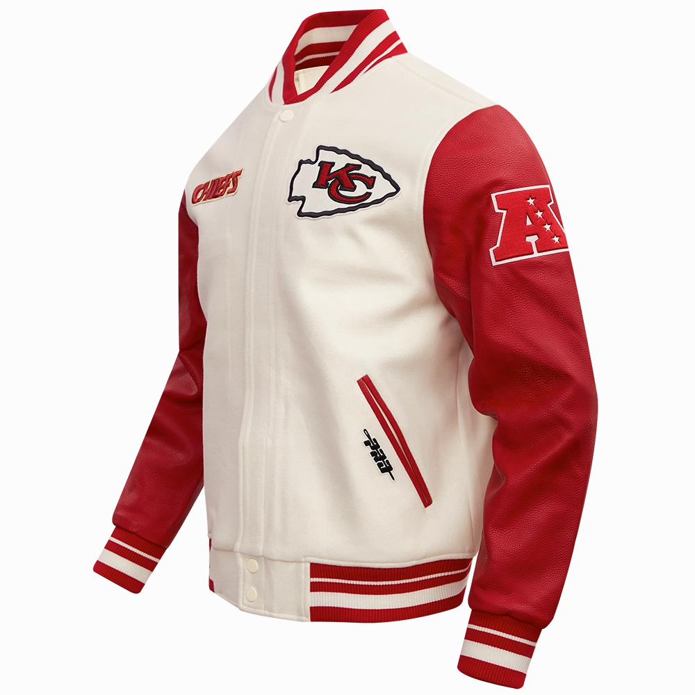 NFL KANSAS CITY CHIEFS RETRO CLASSIC MEN'S RIB WOOL VARSITY JACKET (EGGSHELL/ RED)