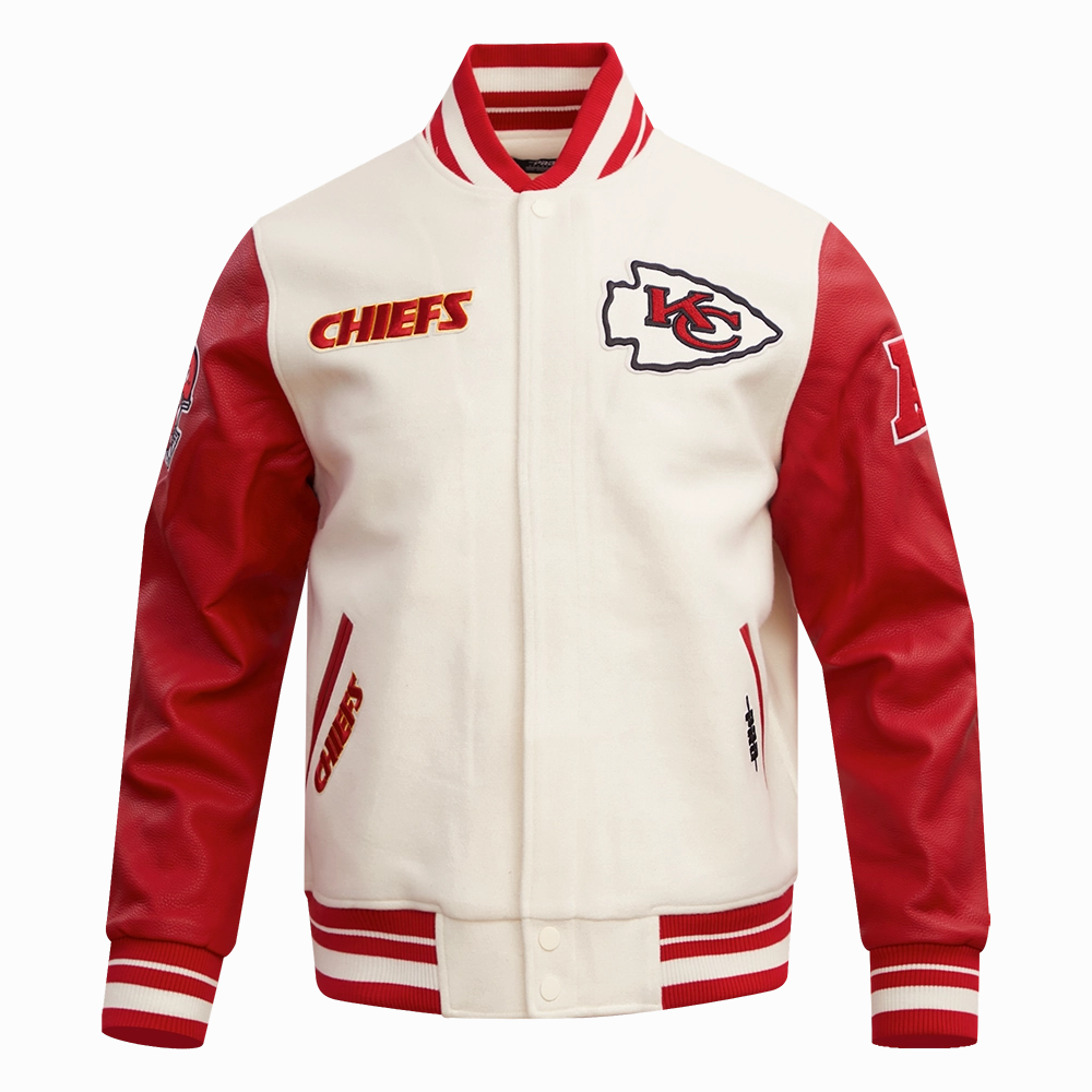 NFL KANSAS CITY CHIEFS RETRO CLASSIC MEN'S RIB WOOL VARSITY JACKET (EGGSHELL/ RED)