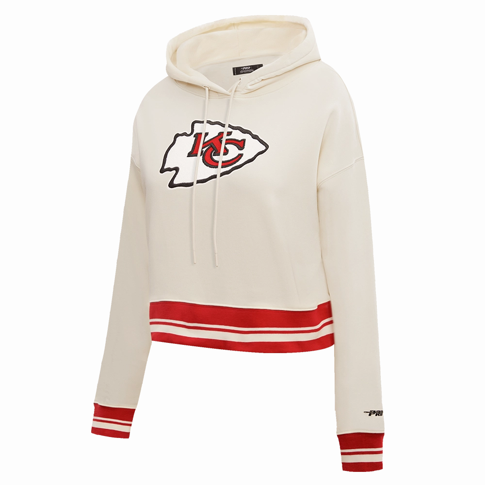 NFL KANSAS CITY CHIEFS RETRO CLASSIC WOMEN'S RIB CROPPED PULLOVER HOODIE (EGGSHELL/ RED)