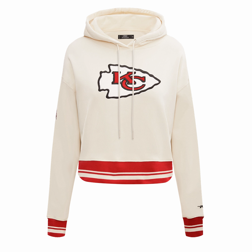 NFL KANSAS CITY CHIEFS RETRO CLASSIC WOMEN'S RIB CROPPED PULLOVER HOODIE (EGGSHELL/ RED)
