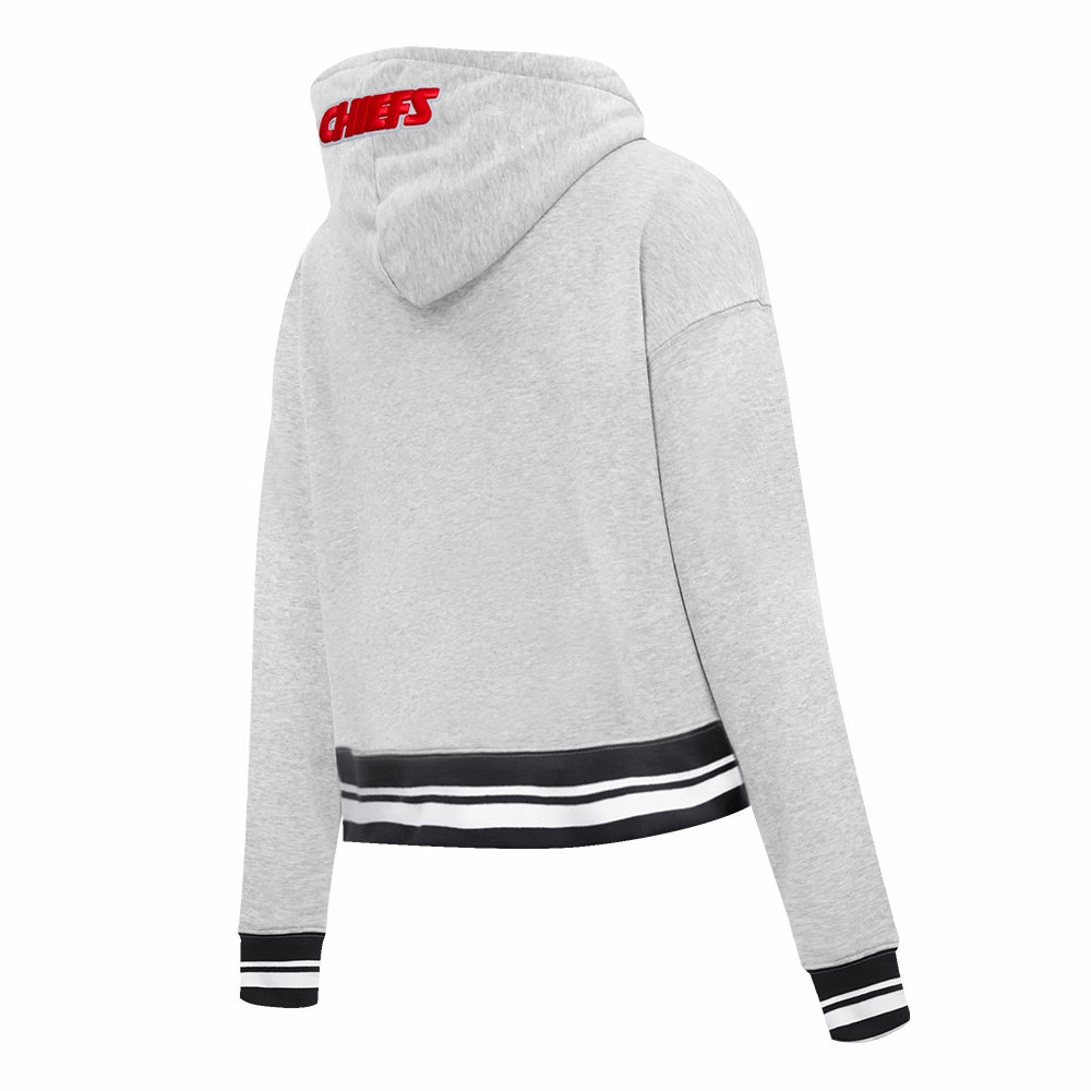 NFL KANSAS CITY CHIEFS SCRIPT TAIL WOMEN'S RIB FLEECE CROPPED PULLOVER HOODIE (HEATHER GRAY/BLACK)