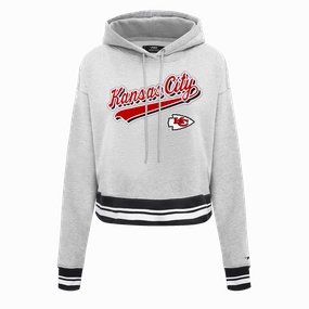 NFL KANSAS CITY CHIEFS SCRIPT TAIL WOMEN'S RIB FLEECE CROPPED PULLOVER HOODIE (HEATHER GRAY/BLACK)