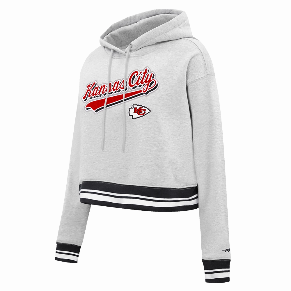 NFL KANSAS CITY CHIEFS SCRIPT TAIL WOMEN'S RIB FLEECE CROPPED PULLOVER HOODIE (HEATHER GRAY/BLACK)