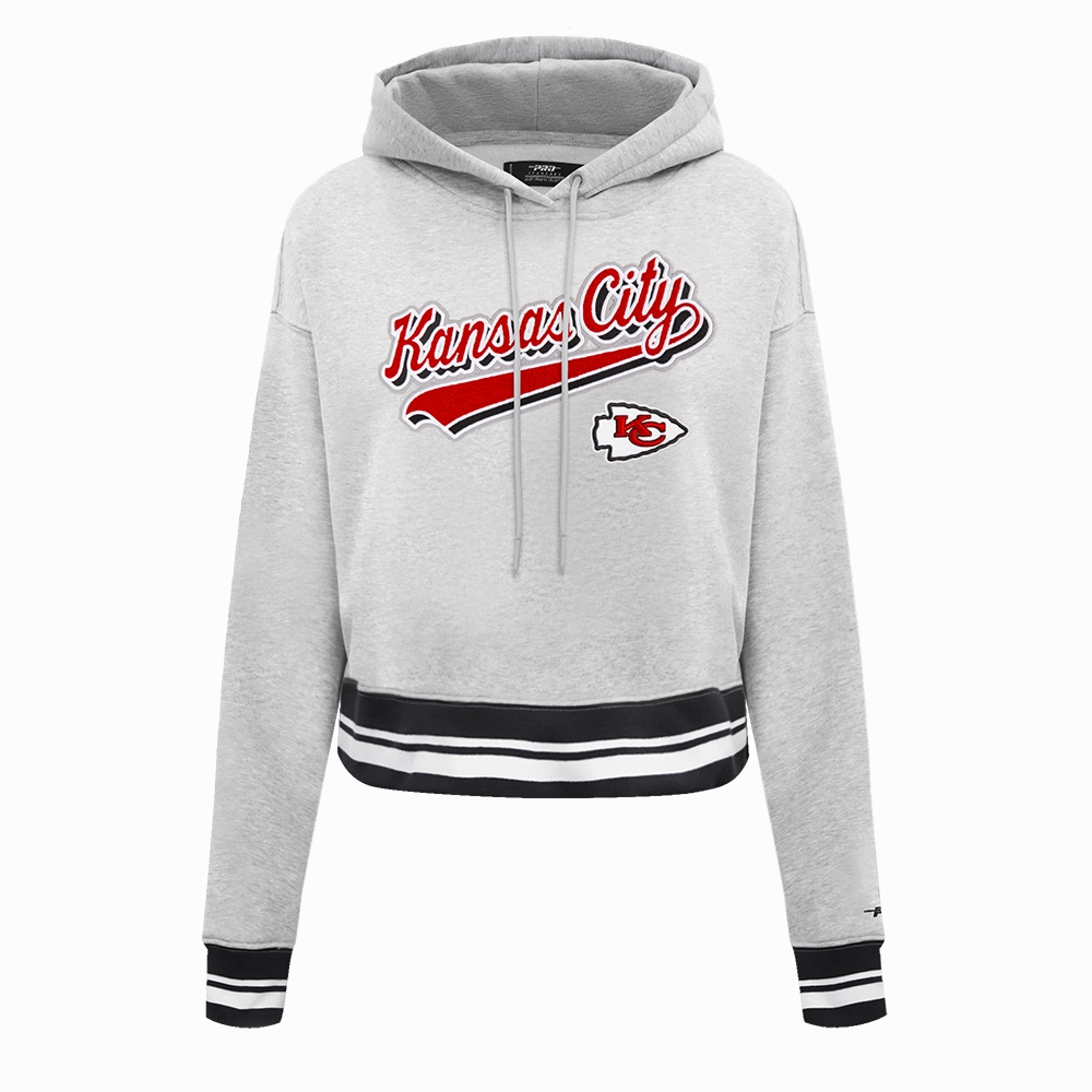 NFL KANSAS CITY CHIEFS SCRIPT TAIL WOMEN'S RIB FLEECE CROPPED PULLOVER HOODIE (HEATHER GRAY/BLACK)