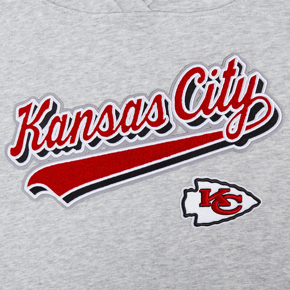 NFL KANSAS CITY CHIEFS SCRIPT TAIL WOMEN'S RIB FLEECE CROPPED PULLOVER HOODIE (HEATHER GRAY/BLACK)