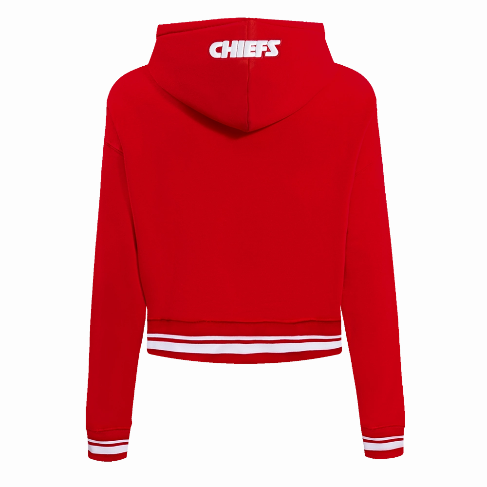 NFL KANSAS CITY CHIEFS SCRIPT TAIL WOMEN'S RIB FLEECE CROPPED PULLOVER HOODIE (RED)