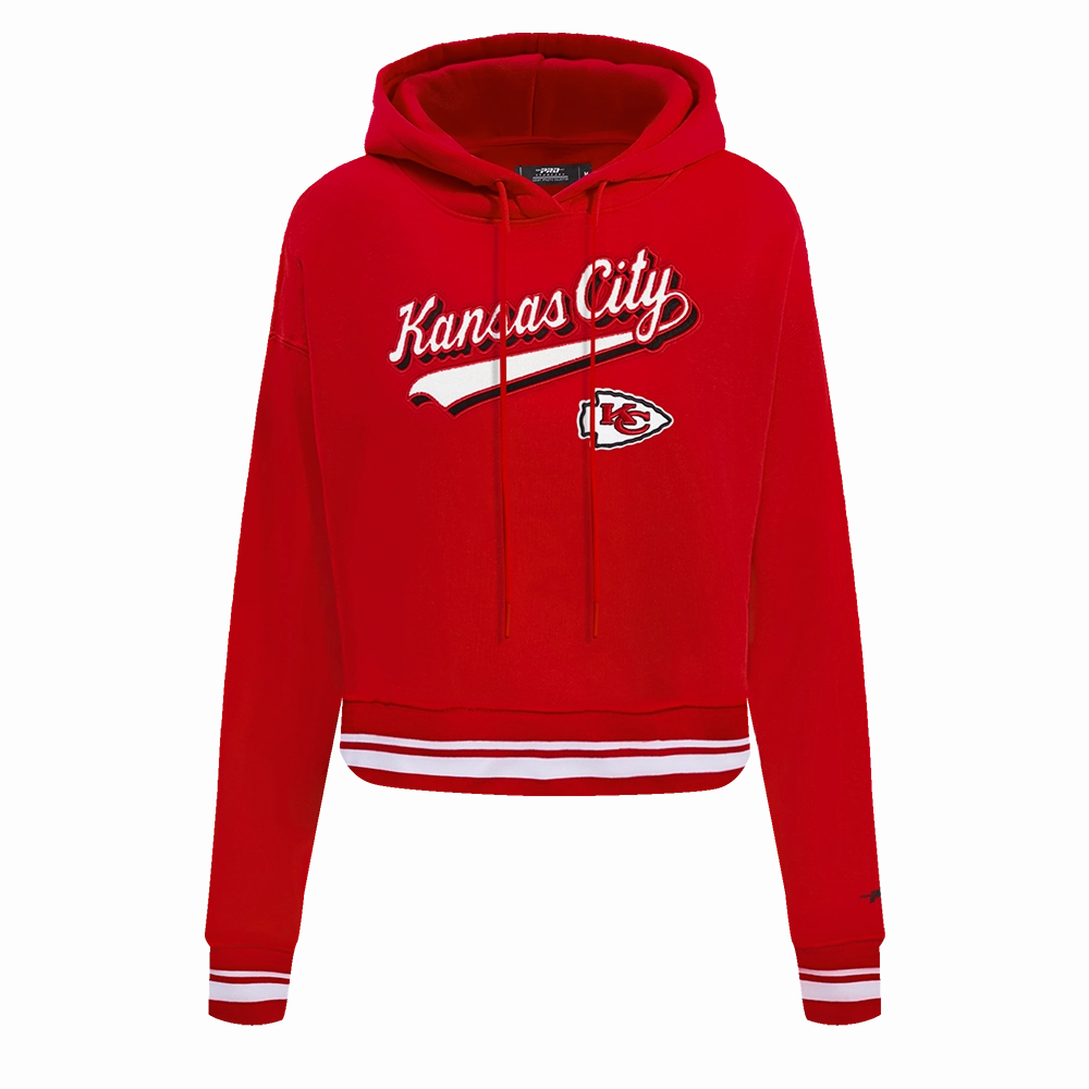 NFL KANSAS CITY CHIEFS SCRIPT TAIL WOMEN'S RIB FLEECE CROPPED PULLOVER HOODIE (RED)