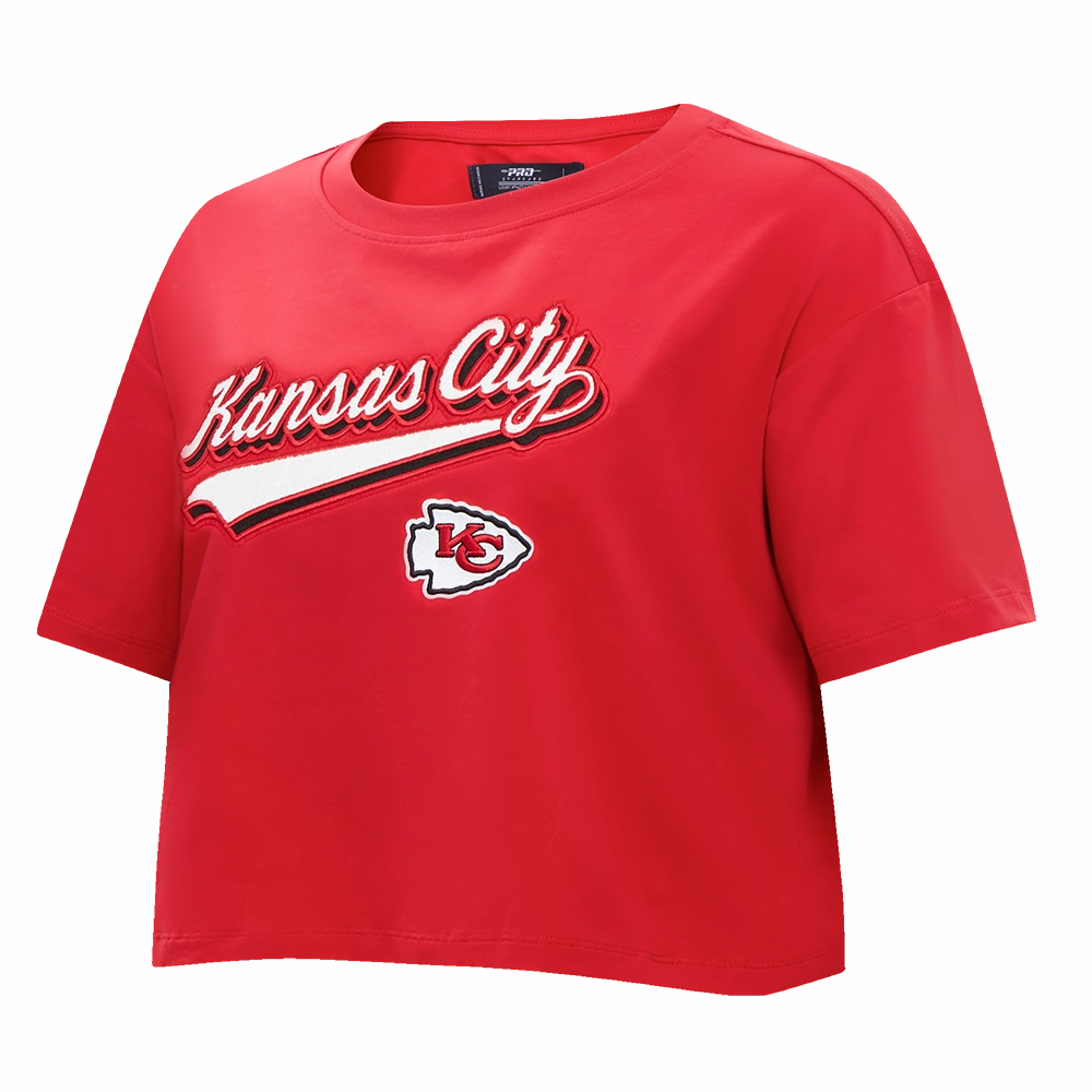 NFL KANSAS CITY CHIEFS SCRIPT TAIL WOMEN'S SINGLE JERSEY BOXY TEE (RED)