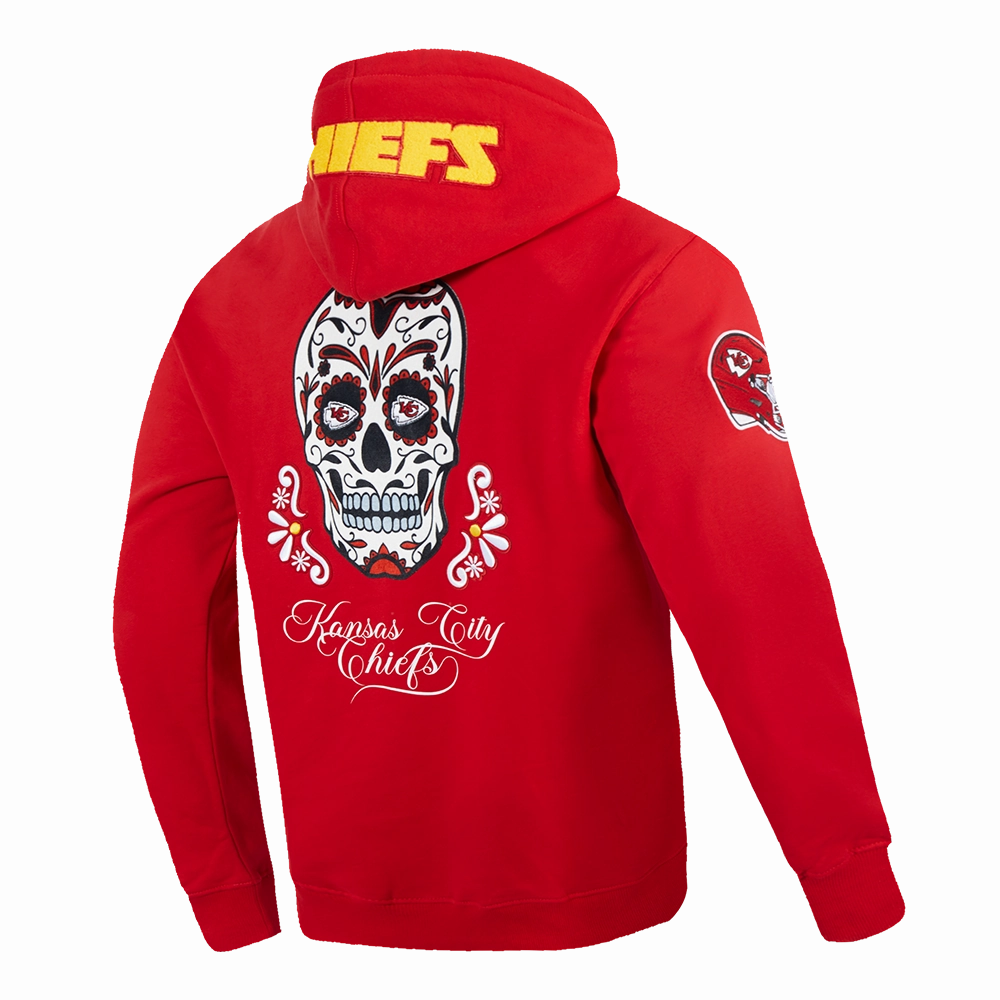 NFL KANSAS CITY CHIEFS SUGAR SKULL MEN'S FLEECE PULLOVER HOODIE (RED)