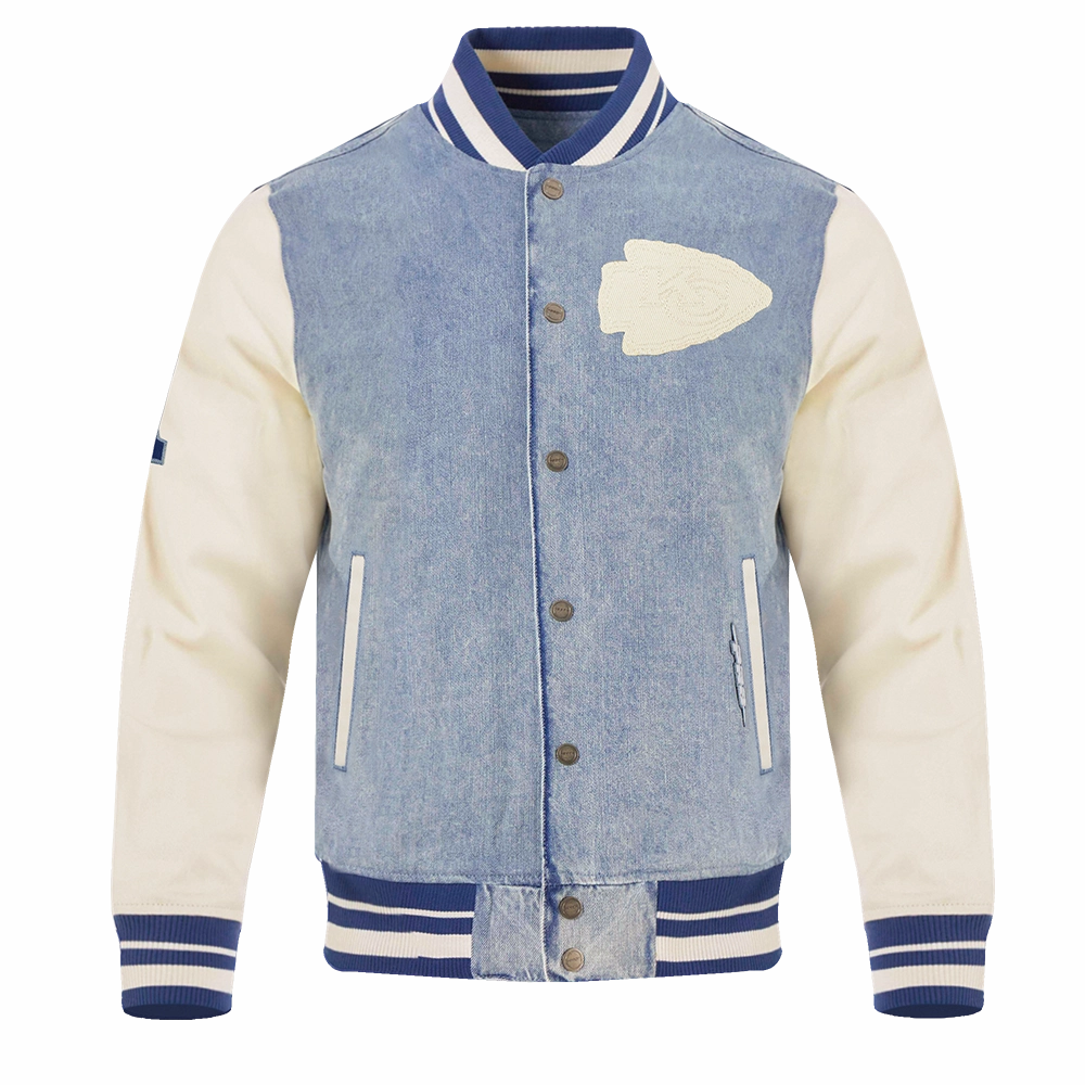 NFL KANSAS CITY CHIEFS VARSITY BLUES MEN'S DENIM VARSITY JACKET (DENIM/LINEN)