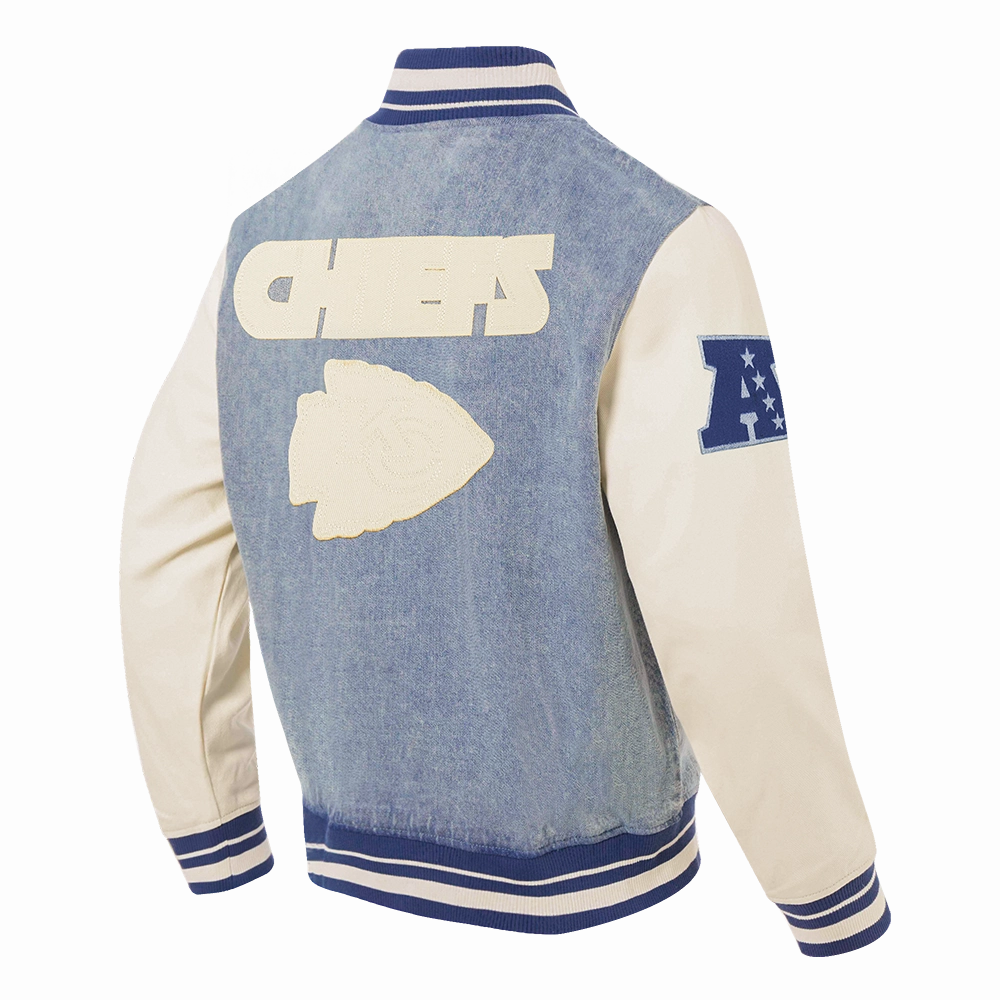 NFL KANSAS CITY CHIEFS VARSITY BLUES MEN'S DENIM VARSITY JACKET (DENIM/LINEN)