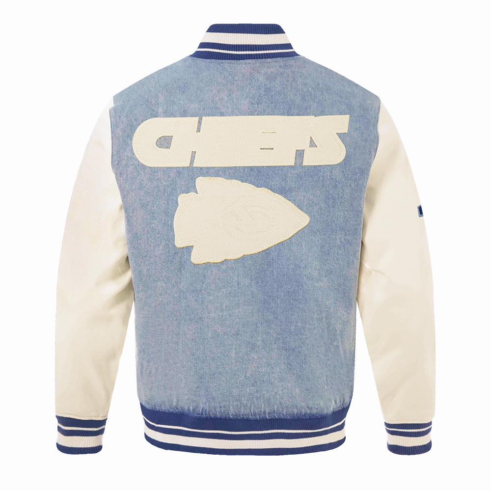 NFL KANSAS CITY CHIEFS VARSITY BLUES MEN'S DENIM VARSITY JACKET (DENIM/LINEN)