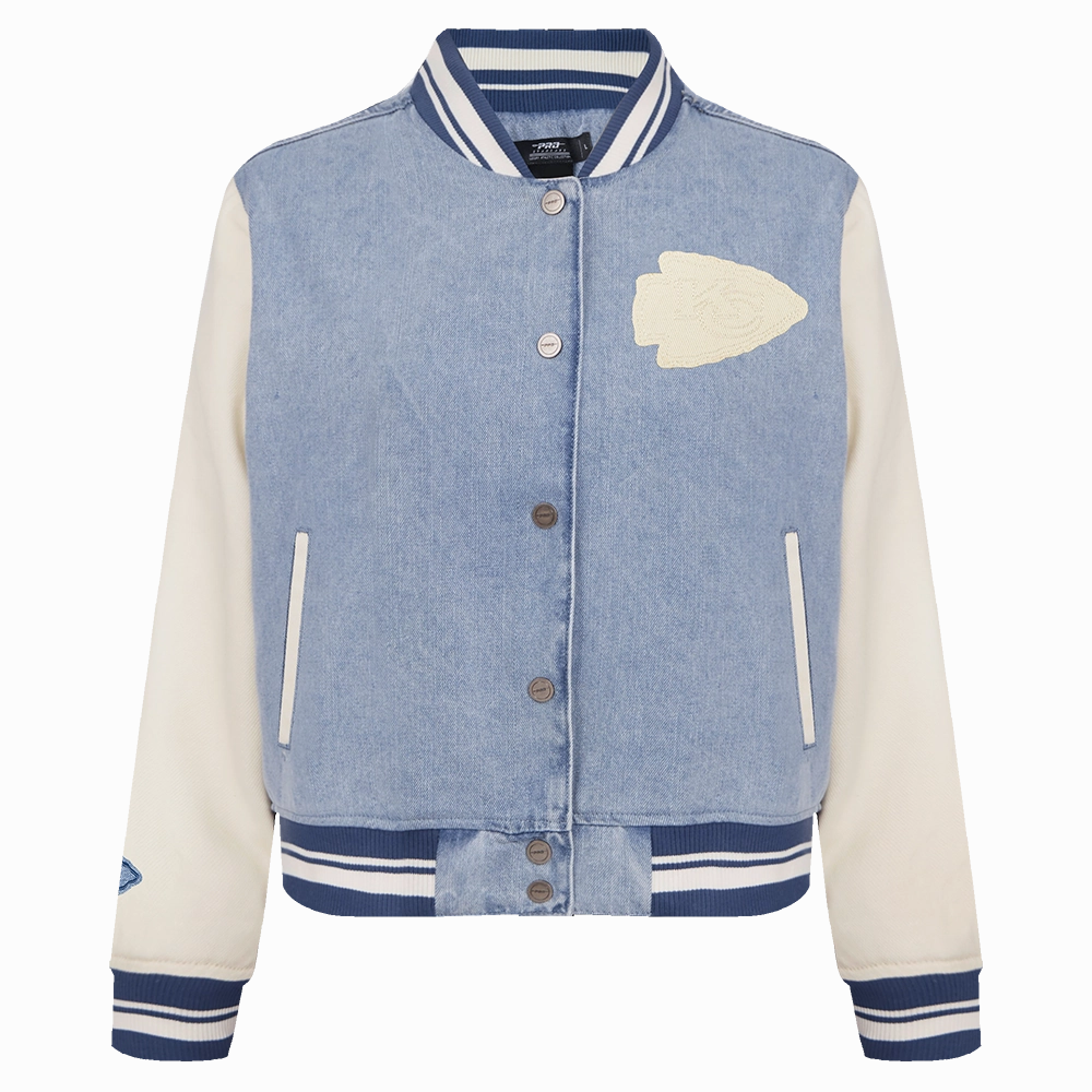 NFL KANSAS CITY CHIEFS VARSITY BLUES WOMEN'S DENIM VARSITY JACKET (DENIM/LINEN)