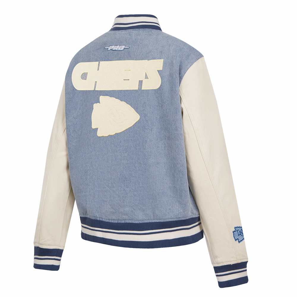 NFL KANSAS CITY CHIEFS VARSITY BLUES WOMEN'S DENIM VARSITY JACKET (DENIM/LINEN)