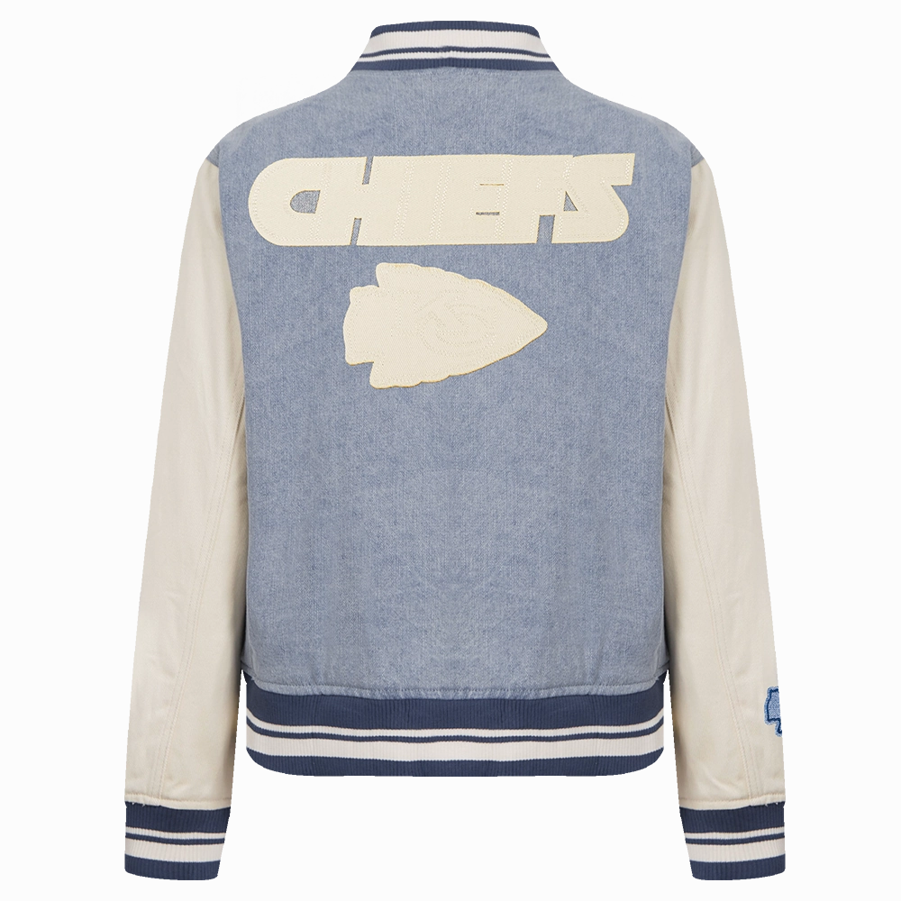 NFL KANSAS CITY CHIEFS VARSITY BLUES WOMEN'S DENIM VARSITY JACKET (DENIM/LINEN)