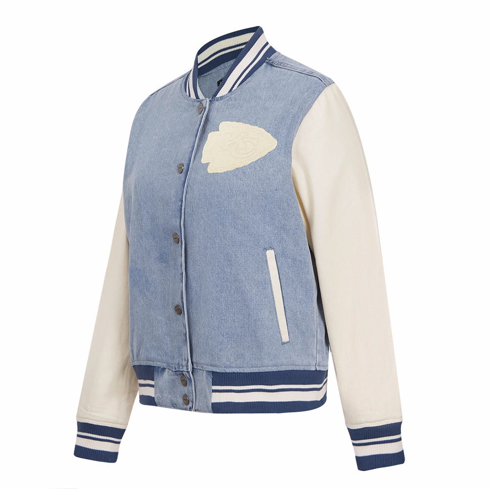 NFL KANSAS CITY CHIEFS VARSITY BLUES WOMEN'S DENIM VARSITY JACKET (DENIM/LINEN)