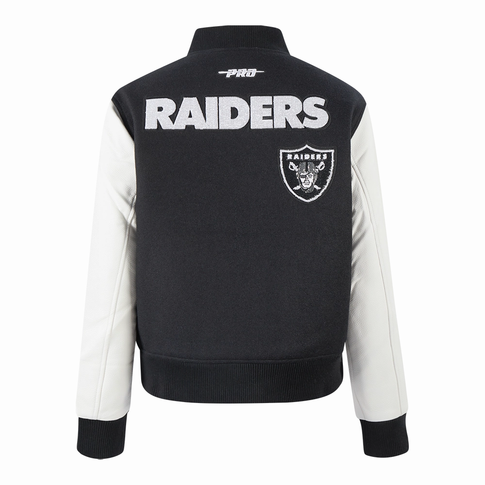 NFL LAS VEGAS RAIDERS GAME DAY CLASSICS WOMEN'S WOOL VARSITY JACKET (BLACK/WHITE)