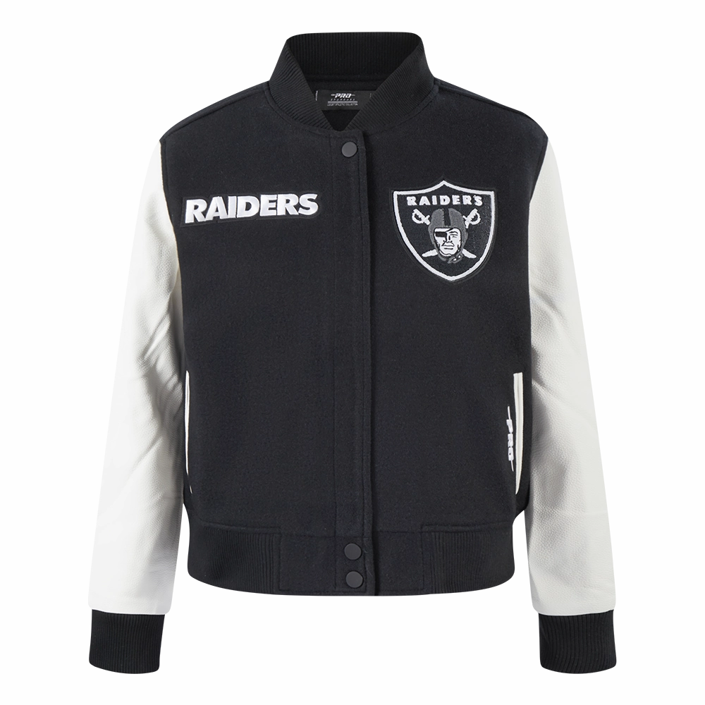 NFL LAS VEGAS RAIDERS GAME DAY CLASSICS WOMEN'S WOOL VARSITY JACKET (BLACK/WHITE)