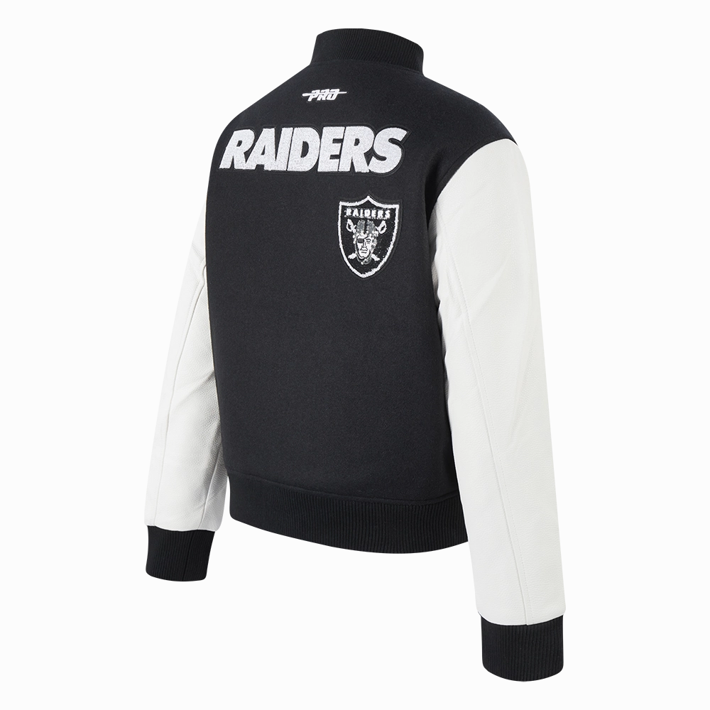 NFL LAS VEGAS RAIDERS GAME DAY CLASSICS WOMEN'S WOOL VARSITY JACKET (BLACK/WHITE)