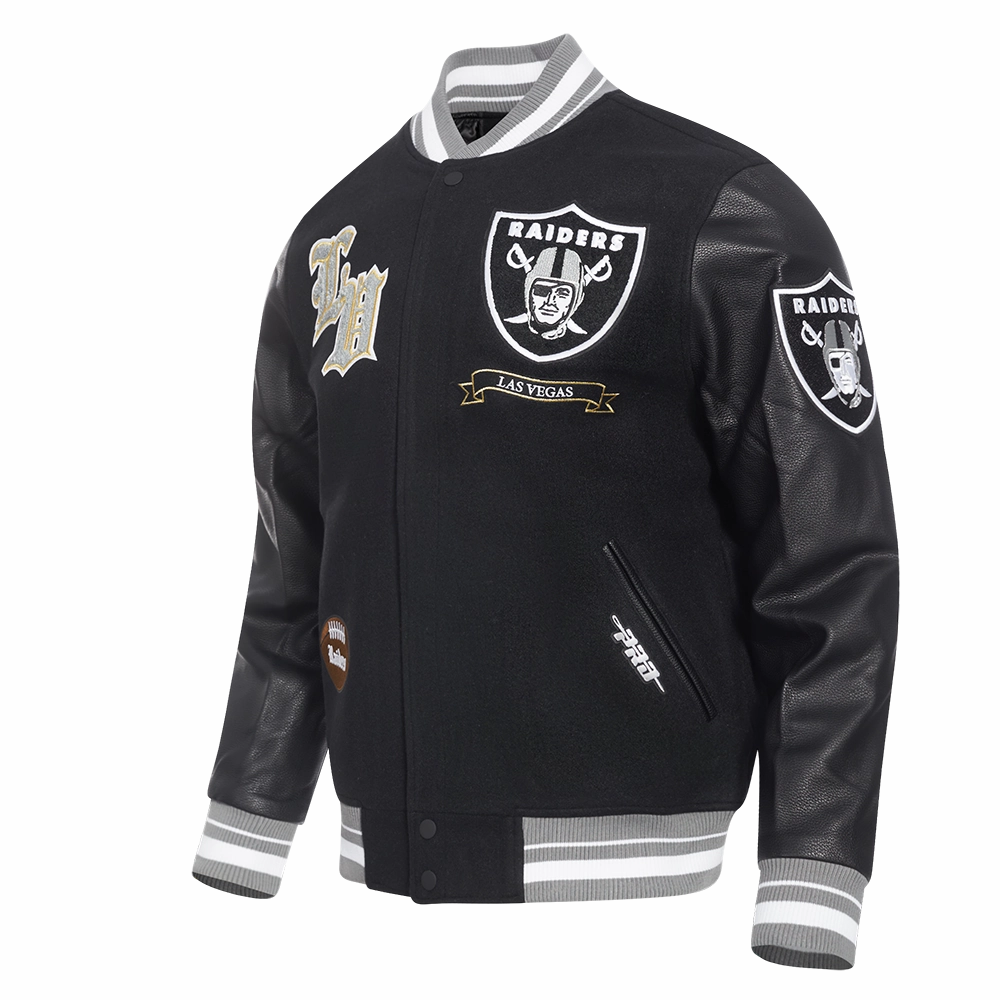 NFL LAS VEGAS RAIDERS PRO PREP MEN'S WOOL VARSITY JACKET (BLACK/GRAY)