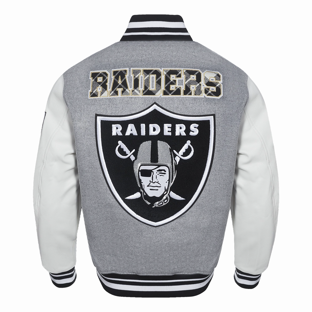NFL LAS VEGAS RAIDERS PRO PREP MEN'S WOOL VARSITY JACKET (HEATHER GREY/WHITE/BLACK)