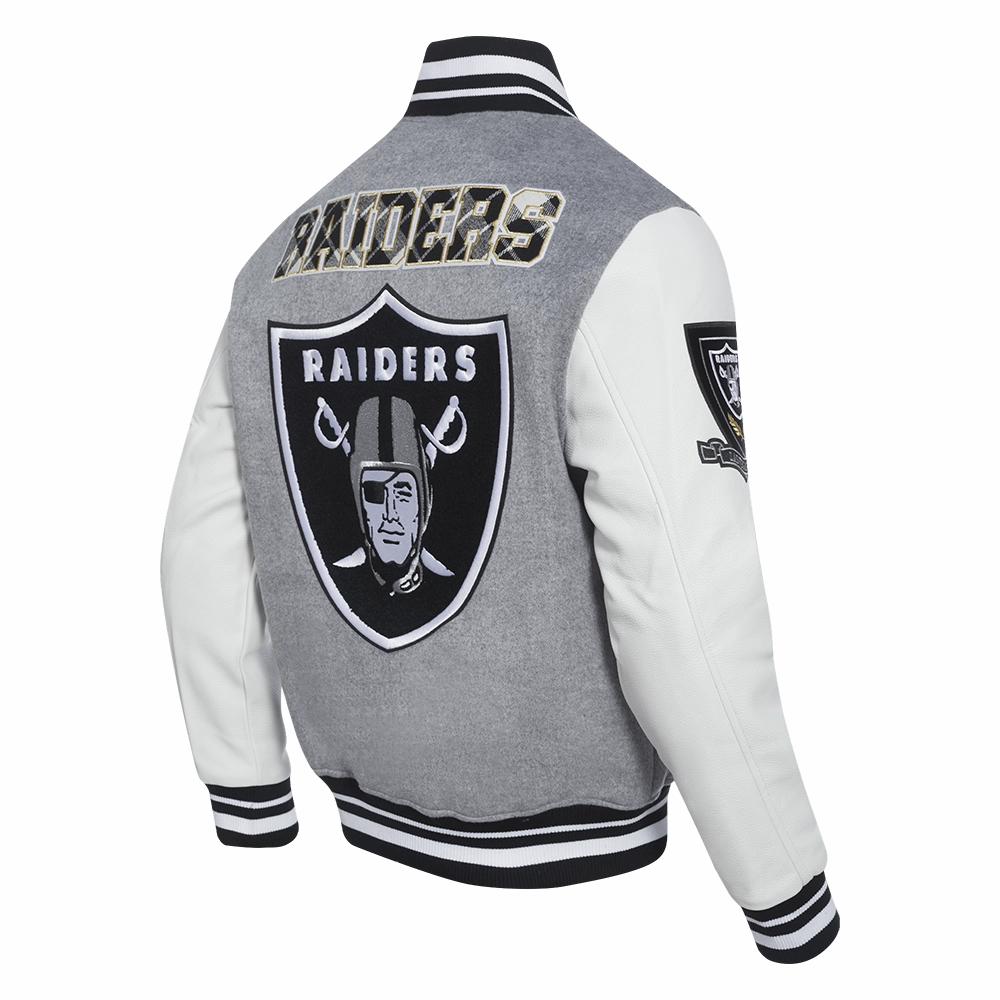 NFL LAS VEGAS RAIDERS PRO PREP MEN'S WOOL VARSITY JACKET (HEATHER GREY/WHITE/BLACK)
