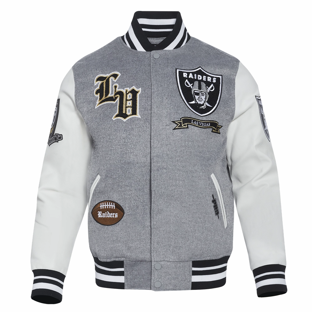 NFL LAS VEGAS RAIDERS PRO PREP MEN'S WOOL VARSITY JACKET (HEATHER GREY/WHITE/BLACK)