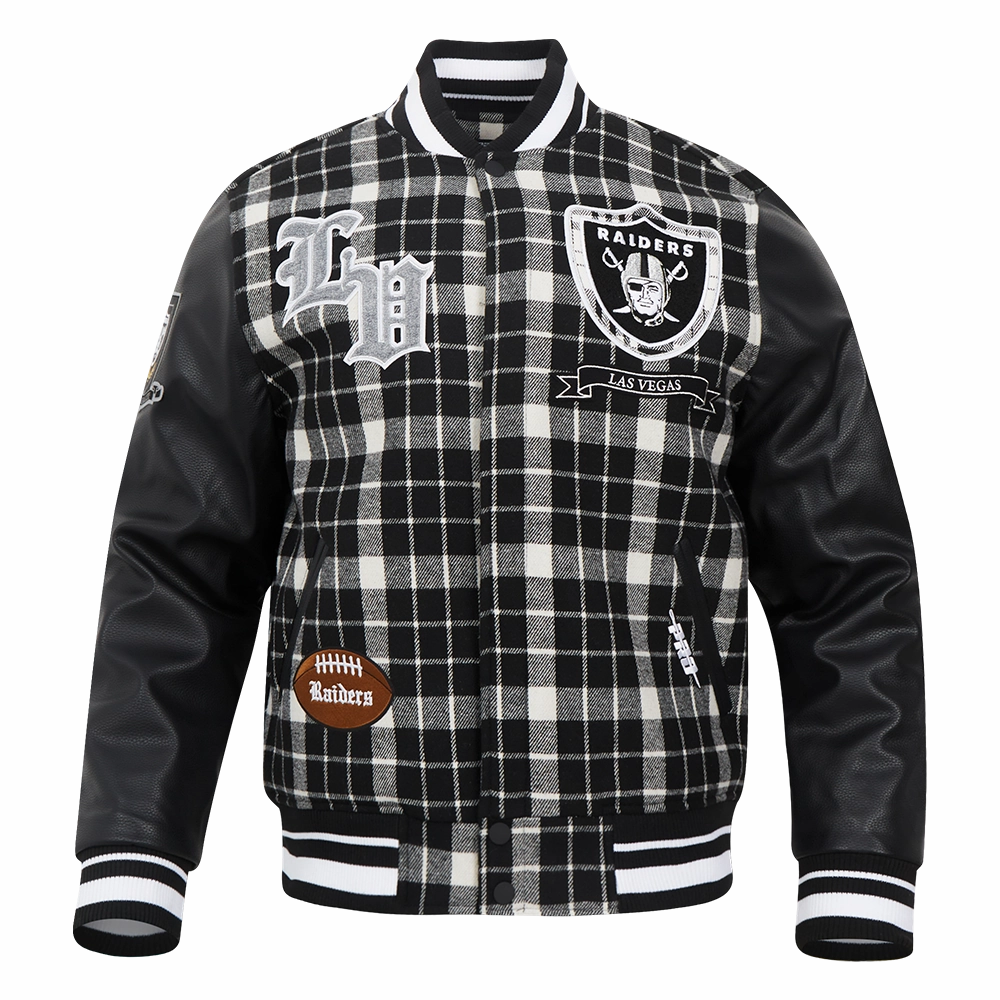 NFL LAS VEGAS RAIDERS PRO PREP PLAID WOOL VARSITY JACKET (WHITE/BLACK)