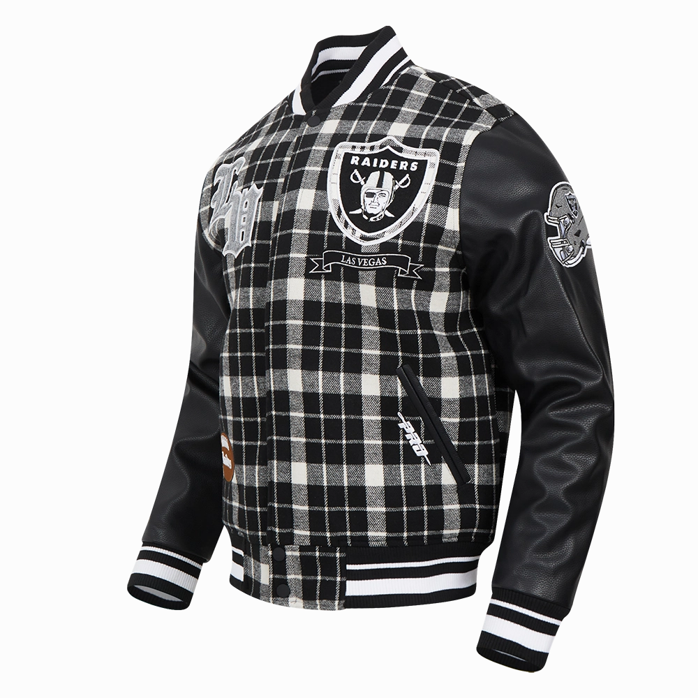 NFL LAS VEGAS RAIDERS PRO PREP PLAID WOOL VARSITY JACKET (WHITE/BLACK)