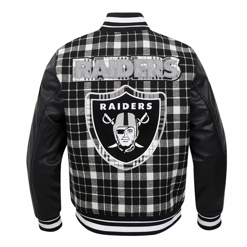 NFL LAS VEGAS RAIDERS PRO PREP PLAID WOOL VARSITY JACKET (WHITE/BLACK)
