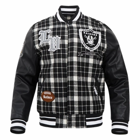 NFL LAS VEGAS RAIDERS PRO PREP PLAID WOOL VARSITY JACKET (WHITE/BLACK)