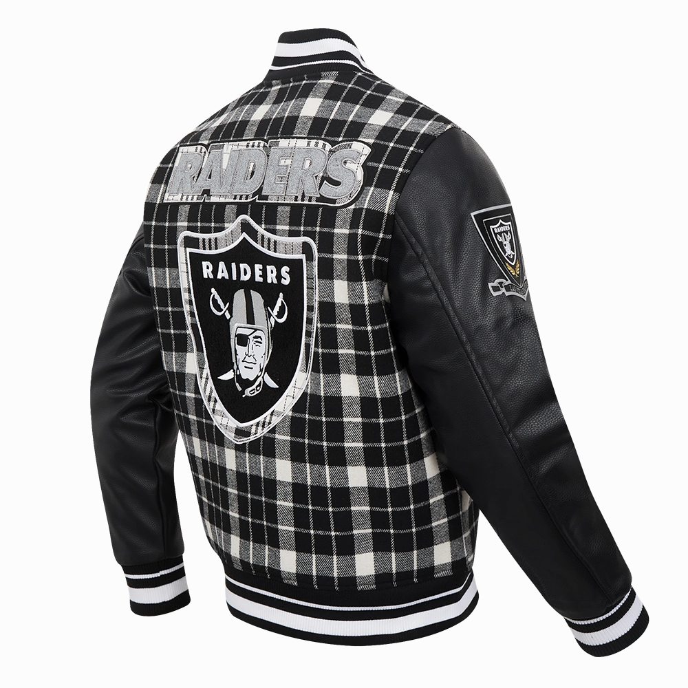 NFL LAS VEGAS RAIDERS PRO PREP PLAID WOOL VARSITY JACKET (WHITE/BLACK)