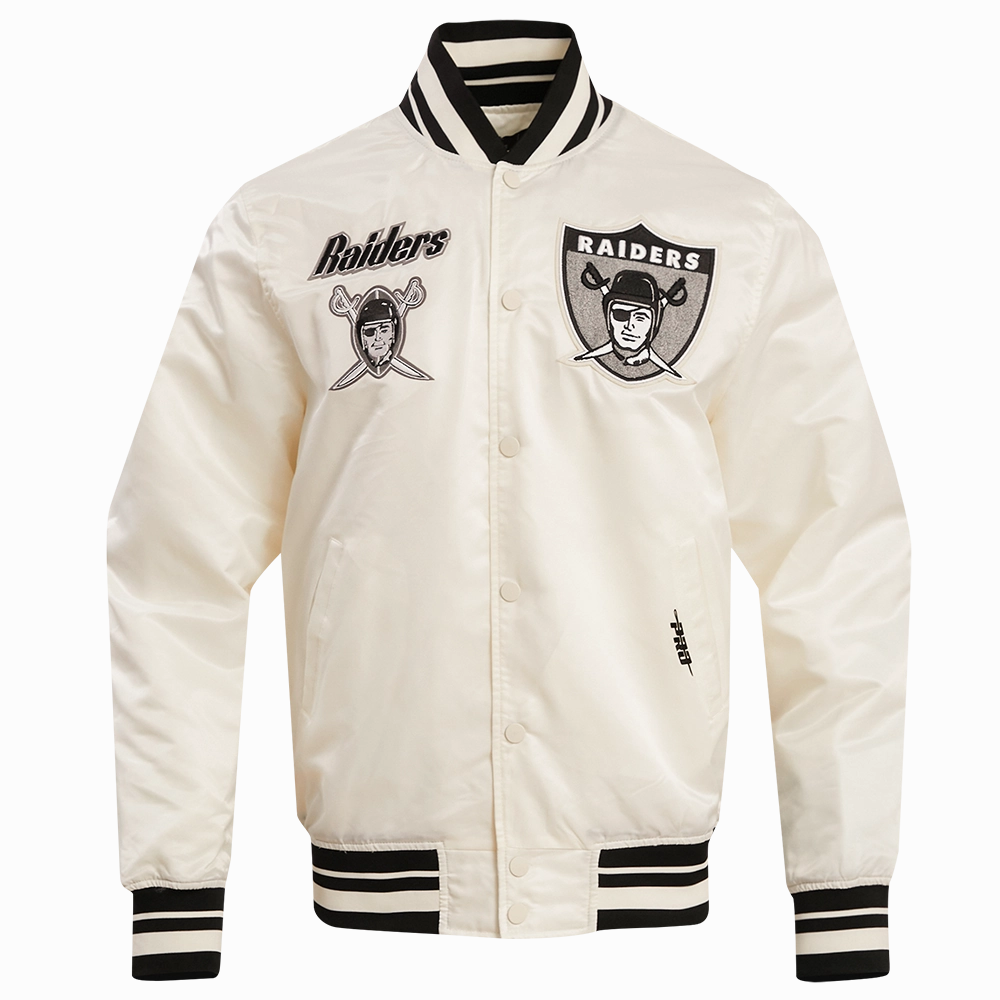 NFL LAS VEGAS RAIDERS RETRO CLASSIC MEN'S RIB SATIN JACKET (EGGSHELL/ BLACK)