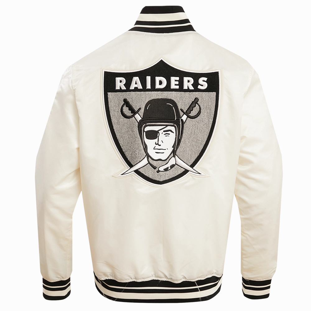 NFL LAS VEGAS RAIDERS RETRO CLASSIC MEN'S RIB SATIN JACKET (EGGSHELL/ BLACK)