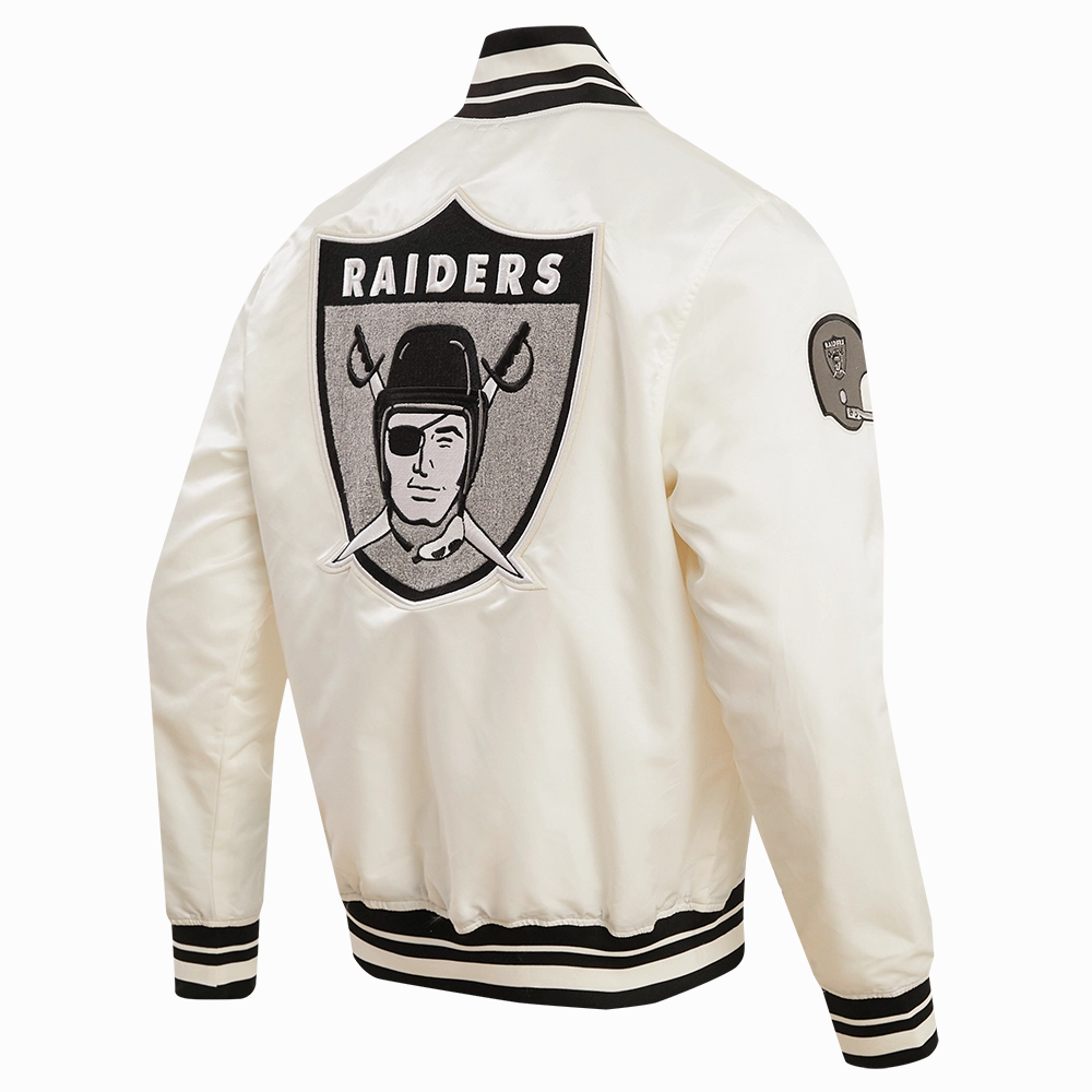 NFL LAS VEGAS RAIDERS RETRO CLASSIC MEN'S RIB SATIN JACKET (EGGSHELL/ BLACK)