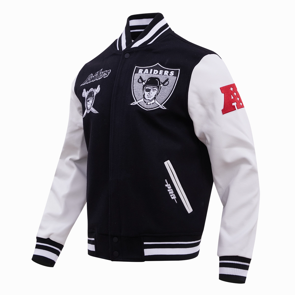 NFL LAS VEGAS RAIDERS RETRO CLASSIC MEN'S RIB WOOL VARSITY JACKET (BLACK/WHITE)