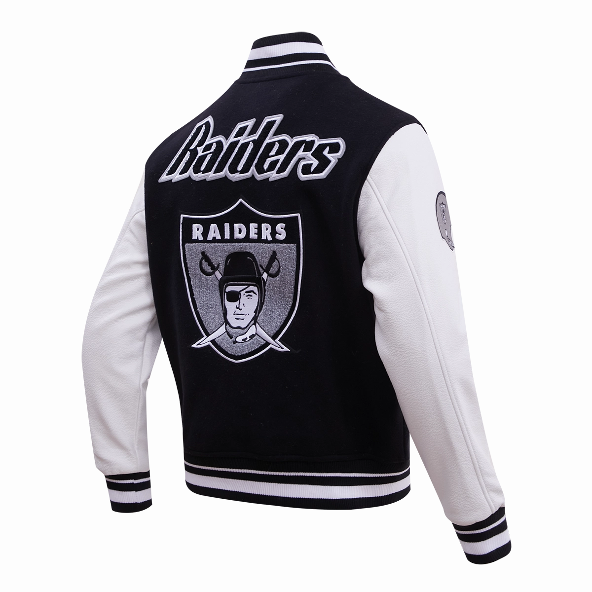 NFL LAS VEGAS RAIDERS RETRO CLASSIC MEN'S RIB WOOL VARSITY JACKET (BLACK/WHITE)
