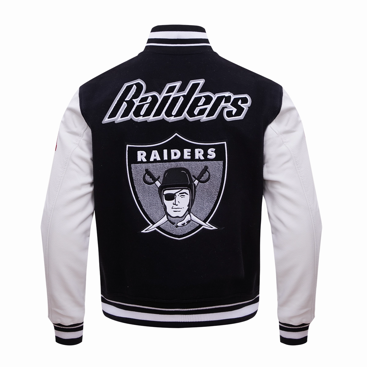 NFL LAS VEGAS RAIDERS RETRO CLASSIC MEN'S RIB WOOL VARSITY JACKET (BLACK/WHITE)
