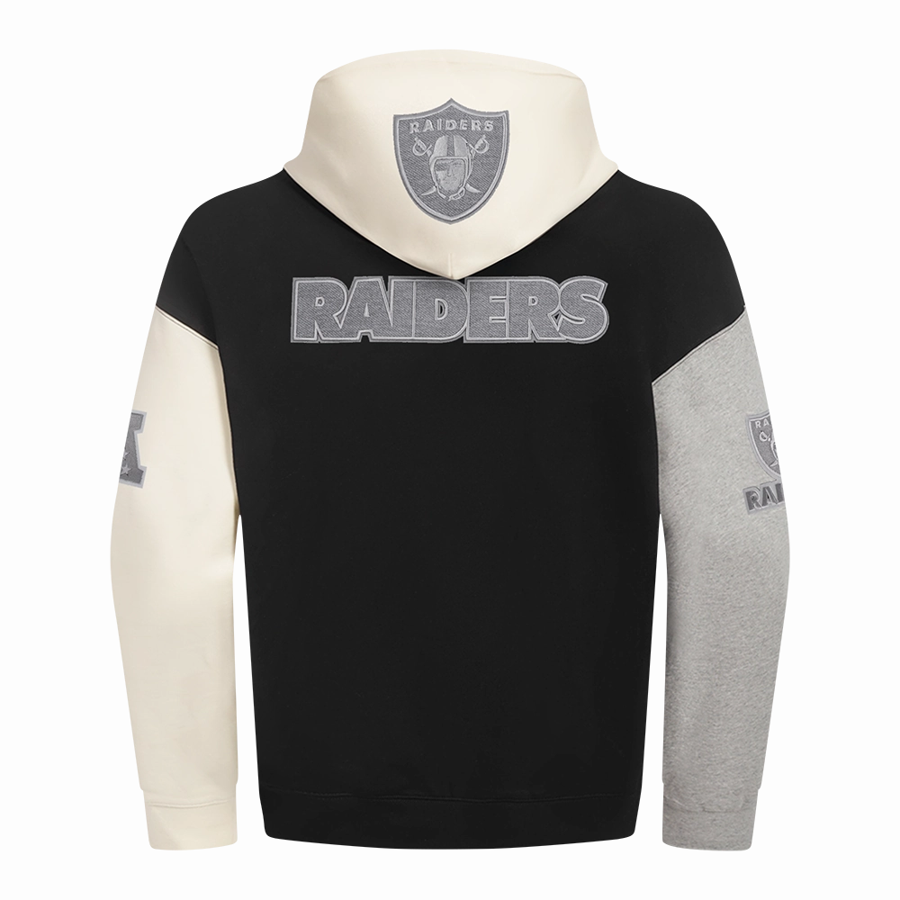 NFL LAS VEGAS RAIDERS REVERSE FRENCH TERRY MEN'S COLOR BLOCK FLEECE PULLOVER HOODIE (BLACK/GRAY/EGGSHELL)