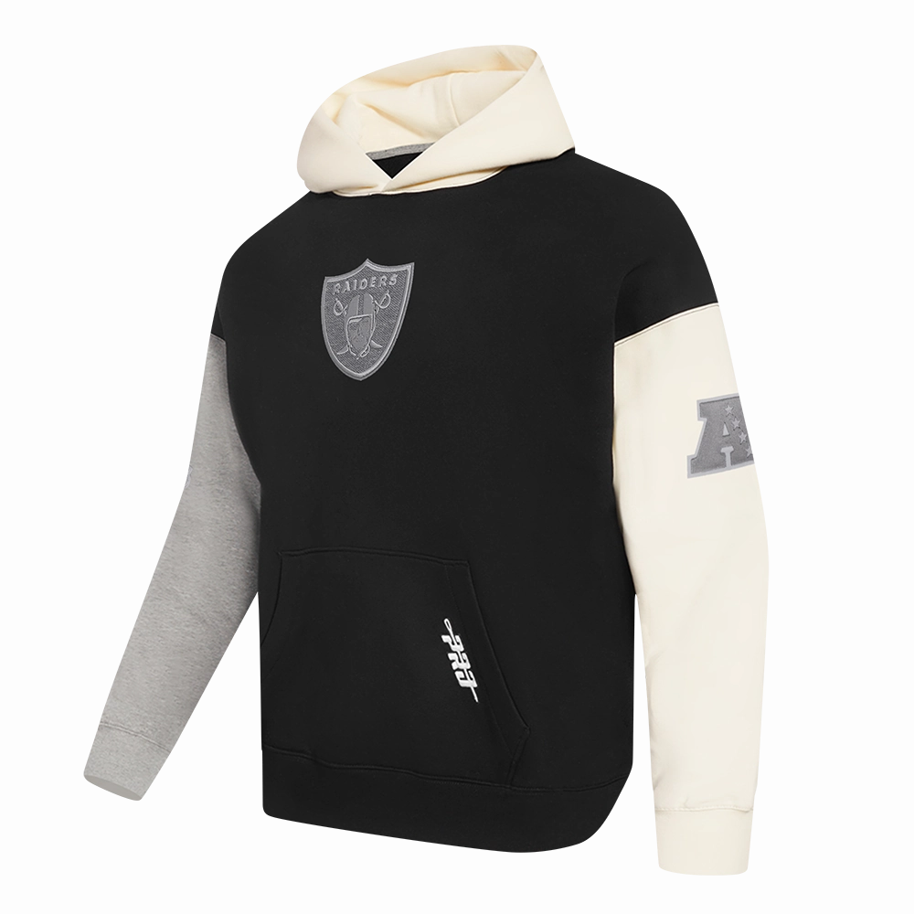 NFL LAS VEGAS RAIDERS REVERSE FRENCH TERRY MEN'S COLOR BLOCK FLEECE PULLOVER HOODIE (BLACK/GRAY/EGGSHELL)