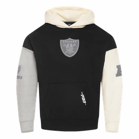 NFL LAS VEGAS RAIDERS REVERSE FRENCH TERRY MEN'S COLOR BLOCK FLEECE PULLOVER HOODIE (BLACK/GRAY/EGGSHELL)