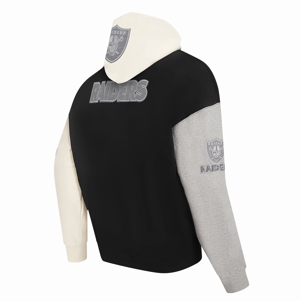NFL LAS VEGAS RAIDERS REVERSE FRENCH TERRY MEN'S COLOR BLOCK FLEECE PULLOVER HOODIE (BLACK/GRAY/EGGSHELL)