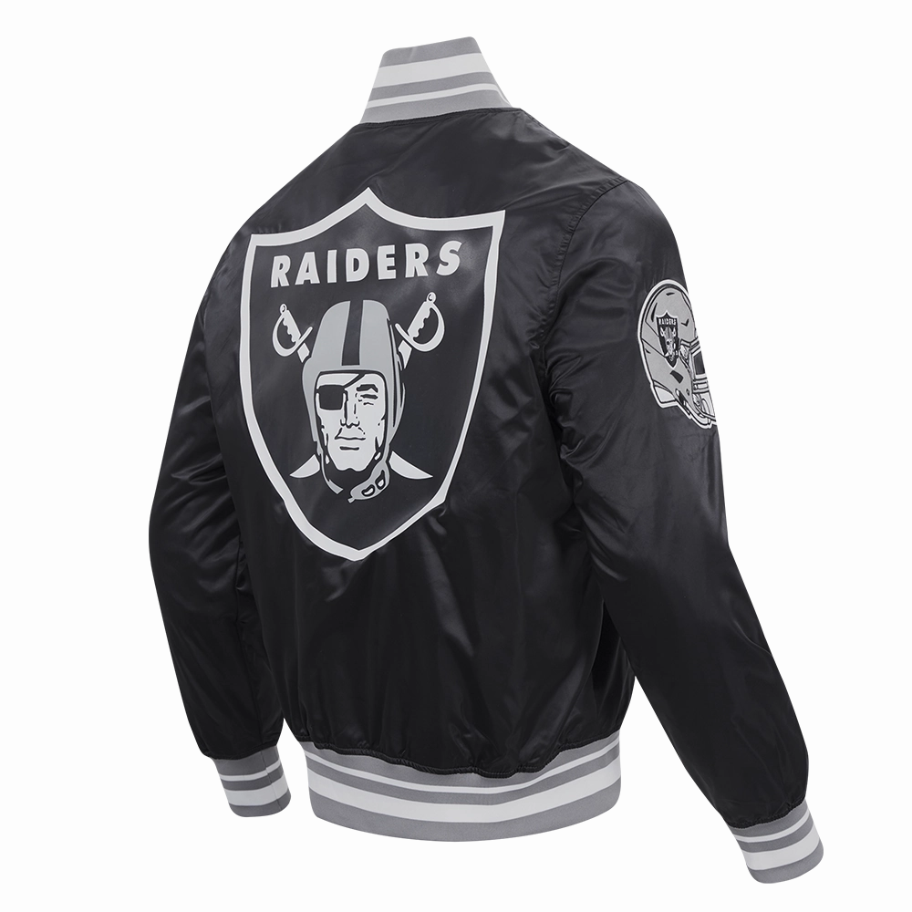 NFL LAS VEGAS RAIDERS SCRIPT TAIL MEN'S RIB SATIN JACKET (BLACK/GRAY)