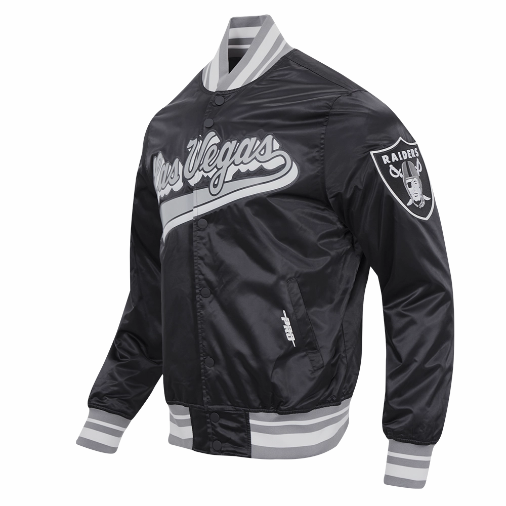NFL LAS VEGAS RAIDERS SCRIPT TAIL MEN'S RIB SATIN JACKET (BLACK/GRAY)