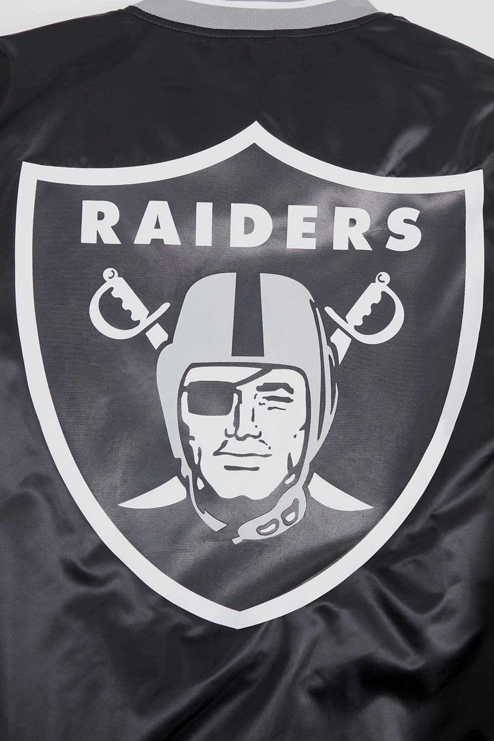 NFL LAS VEGAS RAIDERS SCRIPT TAIL MEN'S RIB SATIN JACKET (BLACK/GRAY)