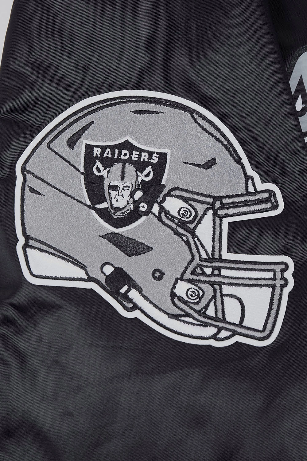 NFL LAS VEGAS RAIDERS SCRIPT TAIL MEN'S RIB SATIN JACKET (BLACK/GRAY)